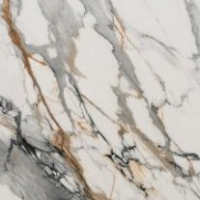 Calacatta Gold Borgnini Porcelain close-up showing bold grey veining with warm gold accents across a bright white background