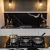 Black Mirage Porcelain splashback and worktop behind gas hob