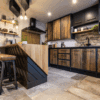 Wide angle kitchen view with Steel Grey leather Granite worktops and an island breakfast bar, showing rustic wood cabinetry, bar stools and stone effect flooring.