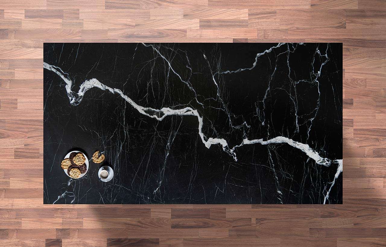 Black Mirage Porcelain island worktop with bold white veining