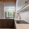 Desert Silver Quartz worktop by a window and hob showing pale grey surface with subtle veining in a modern kitchen setting
