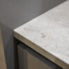 Grey Drift Quartz worktop edge close-up showing corner detail and soft stone-effect movement