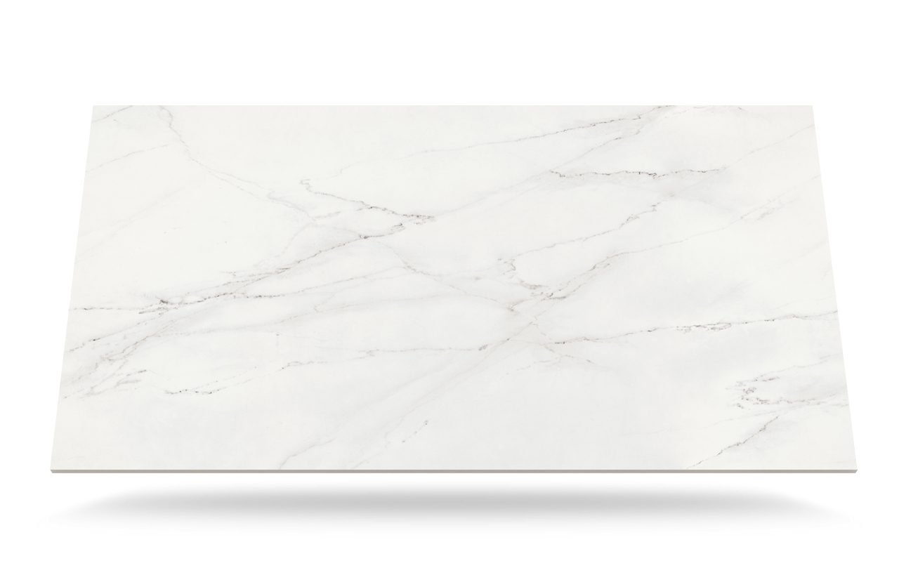 Rem Porcelain sample in white with light grey veining shown on a pale background